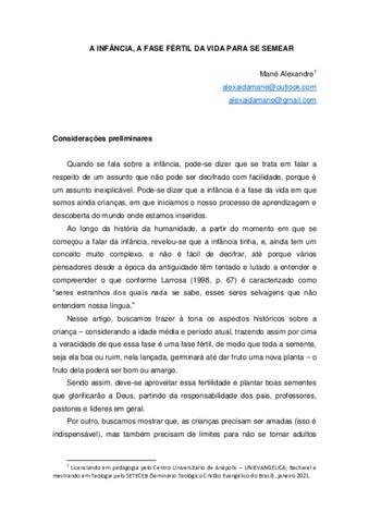 A Infância, o melhor tempo para semear